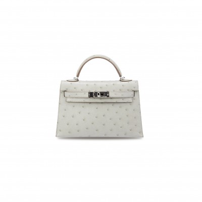 HERMÈS MASTER MINI KELLY II OSTRICH LEATHER WOOL WHITE (19*12*5.5cm) 